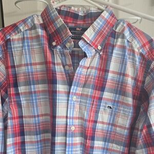 Vineyard Vines Men's Red and Blue Checkered Shirt